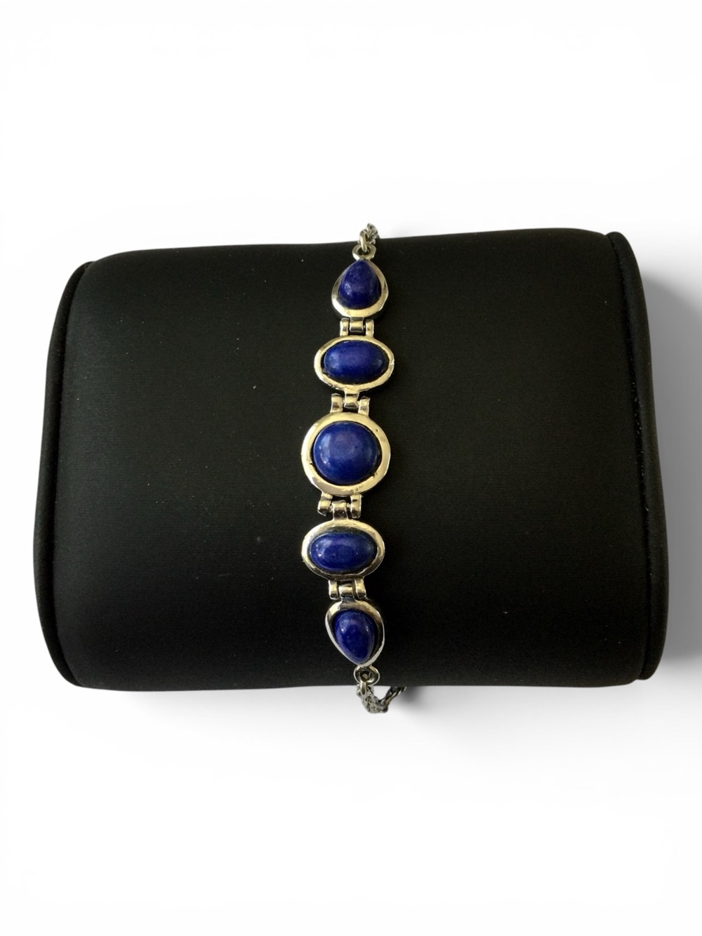 Silver-Tone Stainless Steel Link Bracelet - Blue Lapis-Style Cabochons - 7"-8" - Picture 5 of 12